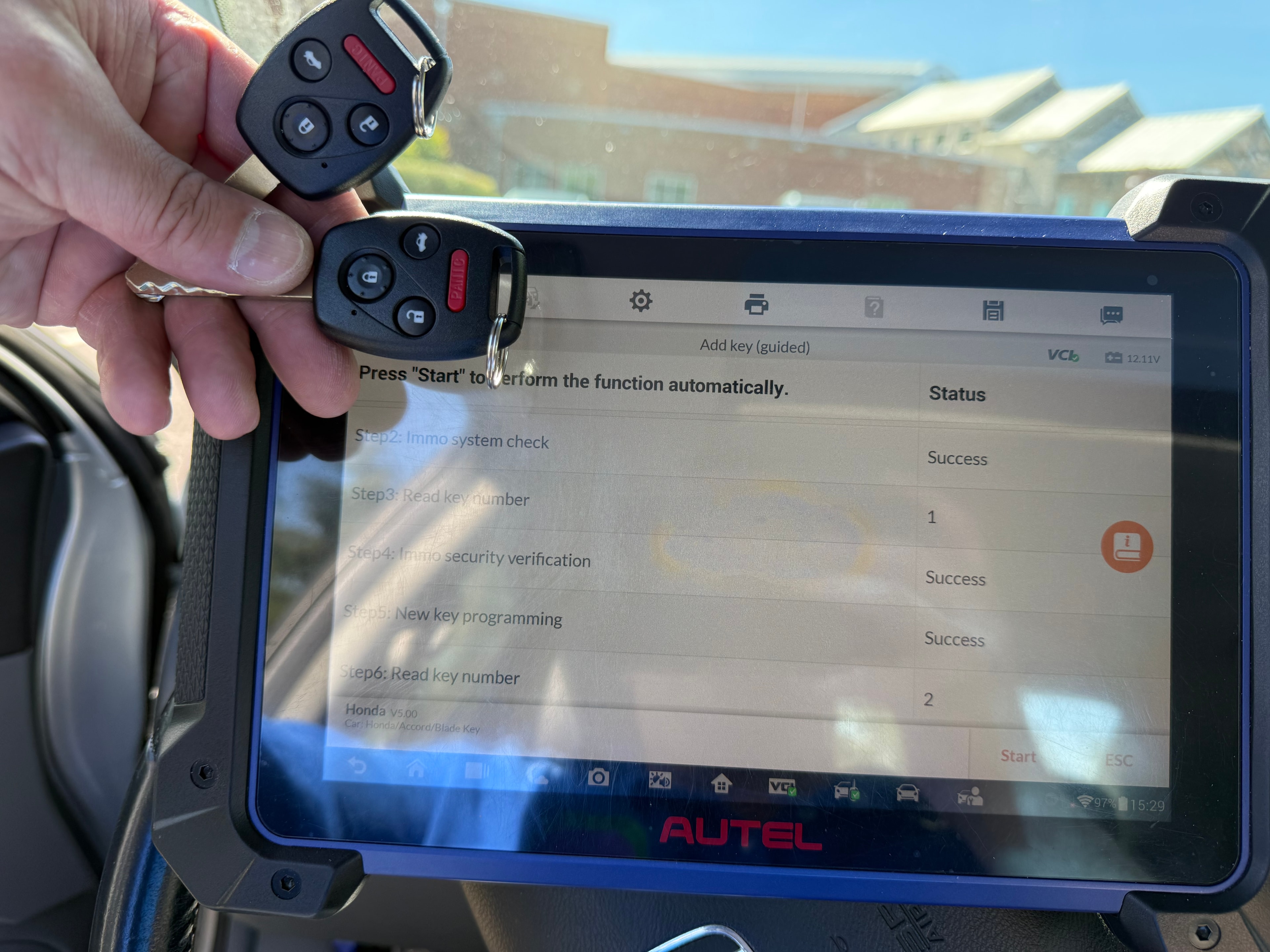 Autel on Honda Ridgeline showing Add Key Steps 2–6 all Success — automotive locksmith Five Corners WA